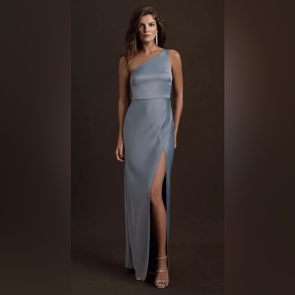 BHLDN Dylan One-Shoulder Satin Side Slit Dress